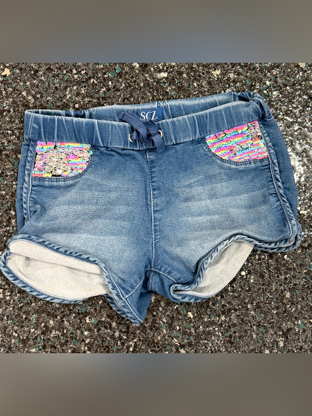 SQZ Denim Shorts Girls 10 Sequined Elastic Pull On Color Change Pockets